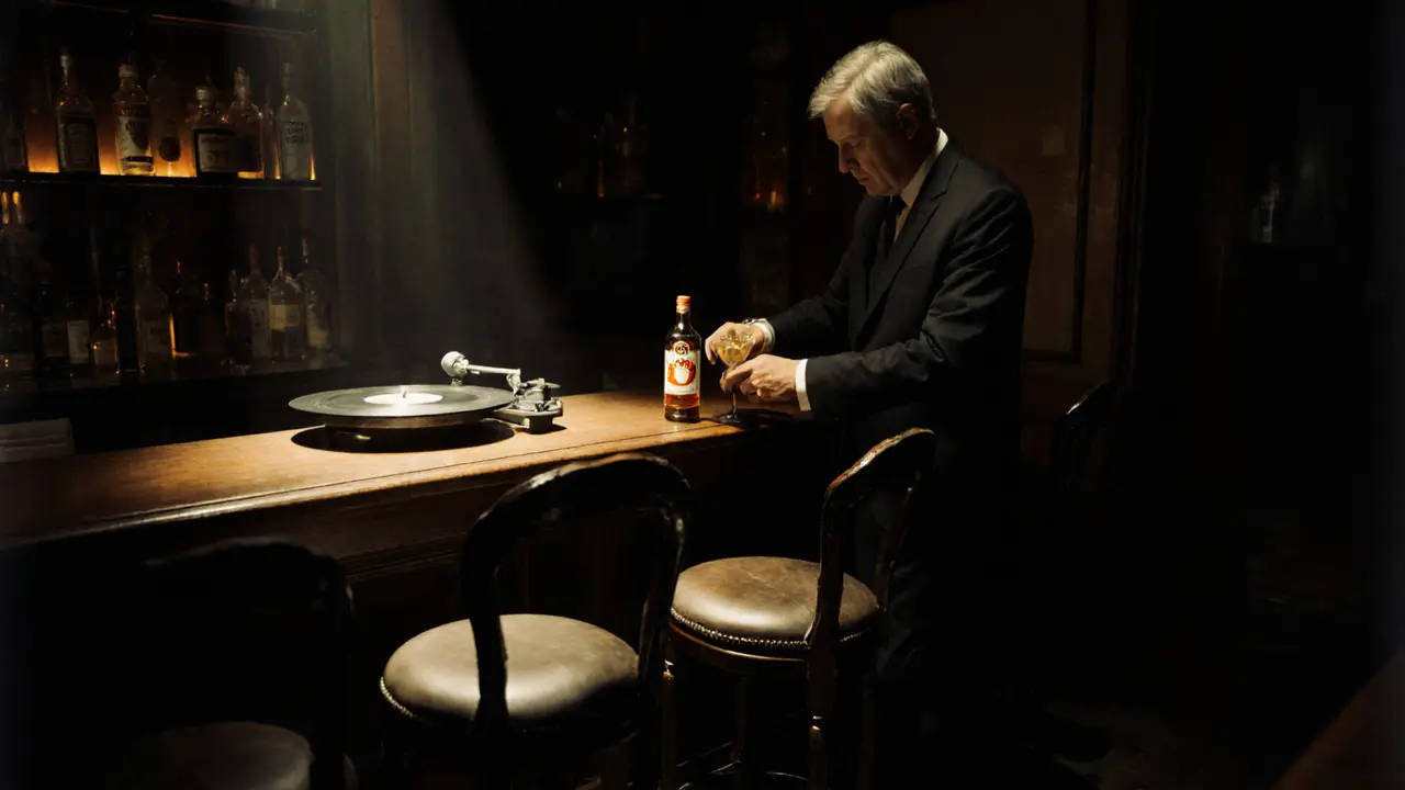 Intimate secret bar with vintage turntable, bartender pouring a cocktail in dim, shadowy ambiance.