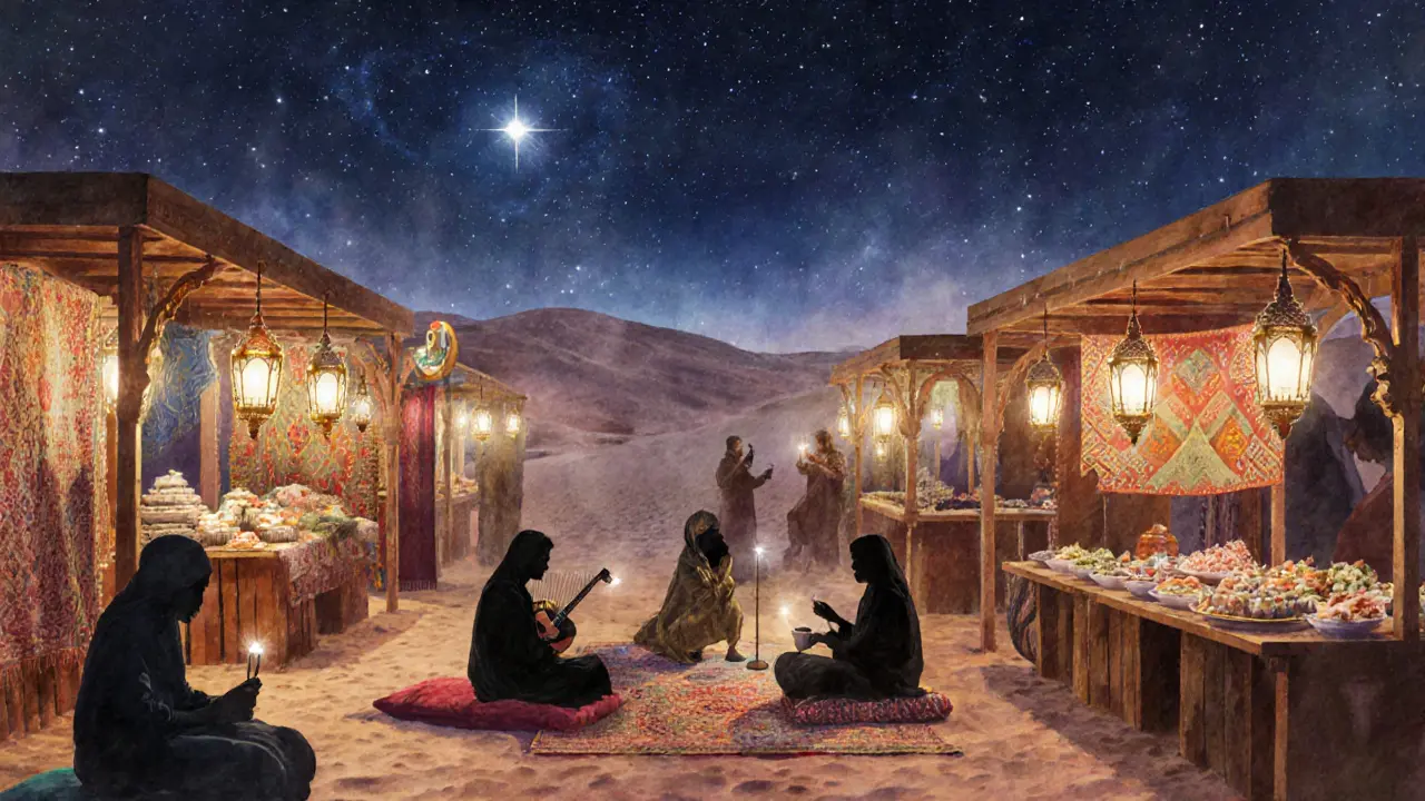 Lantern-lit cultural market with people listening to music and storytelling under the stars.