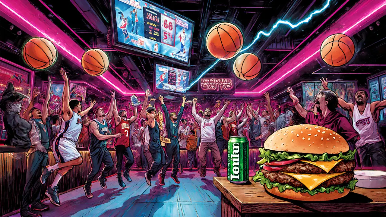 Lively NBA game night at The Racket Club with fans, DJ, and giant burgers under neon lights.