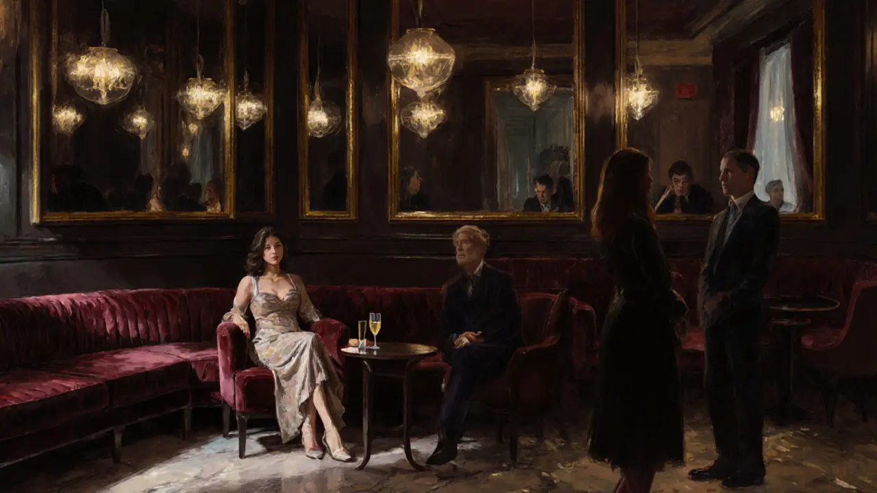 Luxurious Reina lounge with velvet sofas, gold mirrors, and dim ambient lighting, elegant guests in shadow.