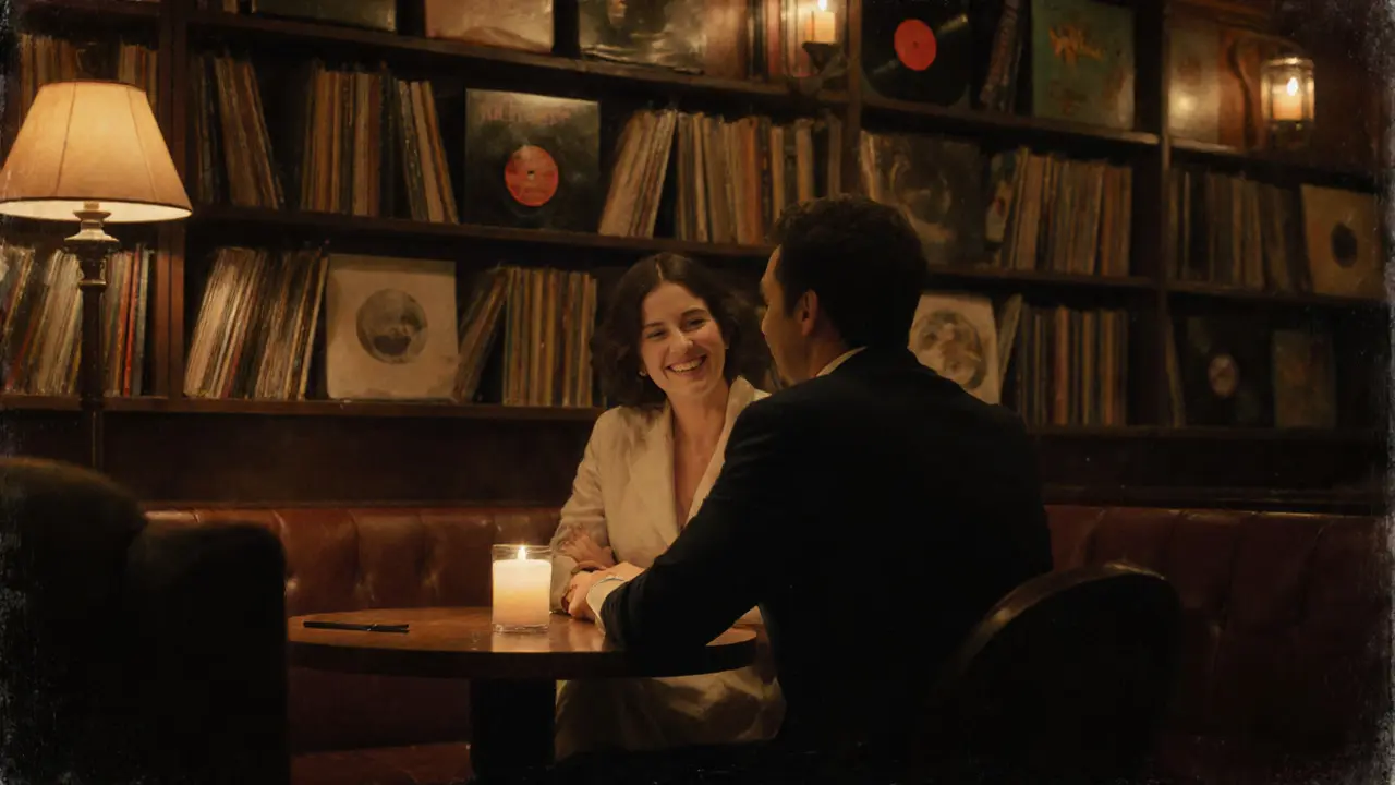 Man and woman sharing a quiet moment in a cozy London speakeasy, candlelight and jazz in the background.