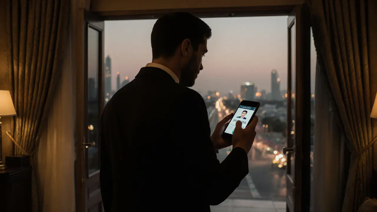 Man leaving a luxury hotel at dusk, phone showing emergency contact, safe and composed.