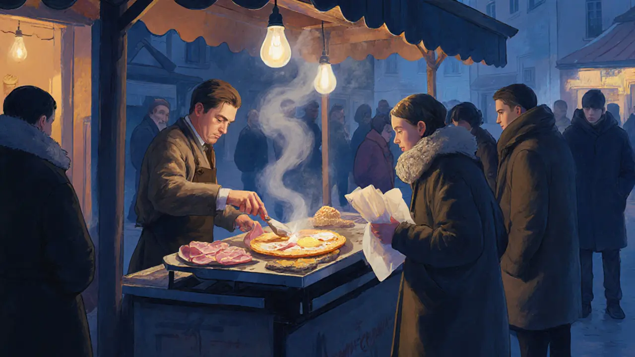 Midnight market stall serving hot buckwheat crêpes with ham and cheese, steam rising in cold air.
