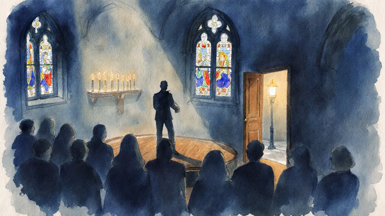Mysterious comedy show in a candlelit converted church, audience hidden in shadow.