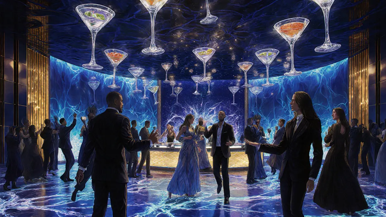 Opal Club&#039;s interior with liquid light walls, crystal cocktail goblets, and guests dancing under a color-shifting ceiling.