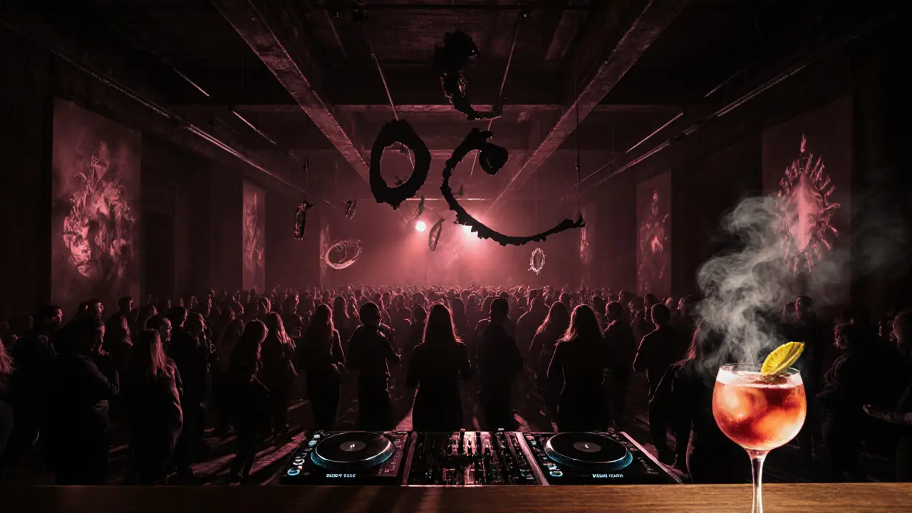 People dancing in a grand converted warehouse club with art installations and dramatic lighting.