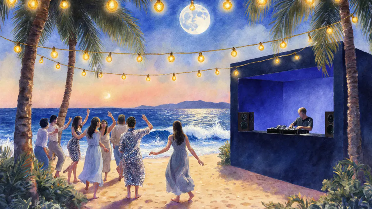 People dancing on a beach under string lights as waves crash nearby, full moon overhead.