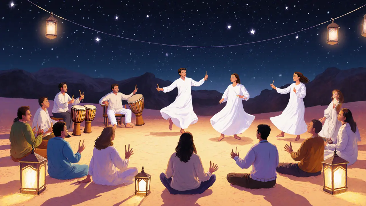 People sit on sand under stars, listening to darbuka drummers and watching traditional Emirati dancers at Al Maqam.