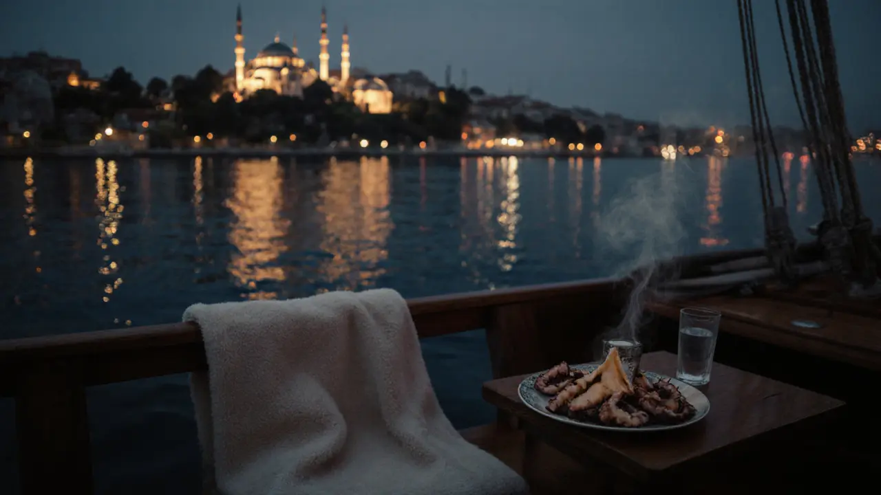 Private boat on the Bosphorus at night, city lights reflected on water under moonlight.