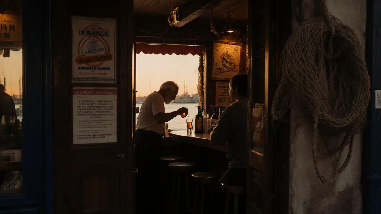Quiet bar with wooden counter and local owner pouring pastis, dawn light over the harbor.