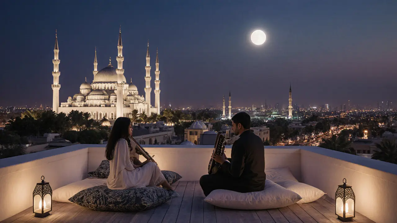 Rooftop at twilight with lanterns and oud music, Sheikh Zayed Grand Mosque glowing in the distance.