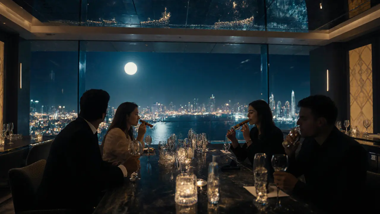 Rooftop bar with city skyline view, crystal glasses, and ambient golden lights reflecting on the water.