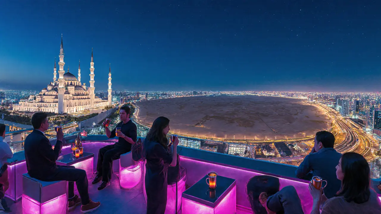 Rooftop bar with panoramic view of Abu Dhabi&#039;s mosque and desert under night sky.