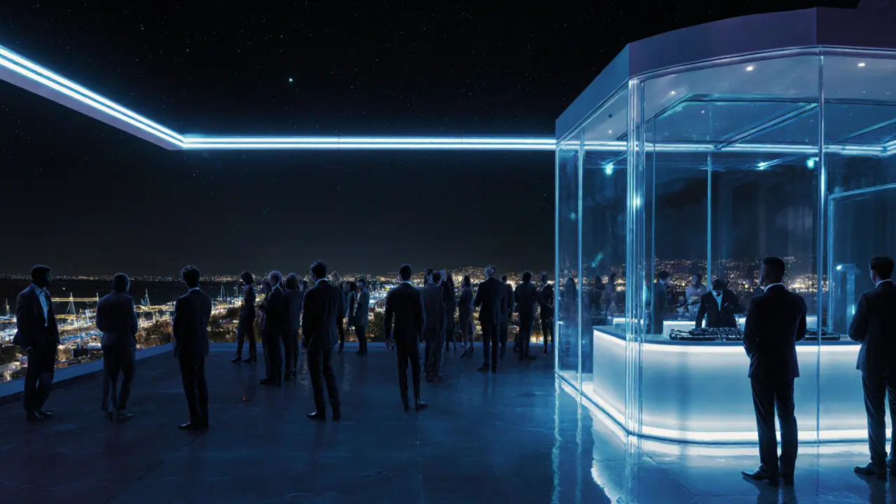 Rooftop club with panoramic sea views, fashionable crowd silhouetted against neon-lit night skyline.