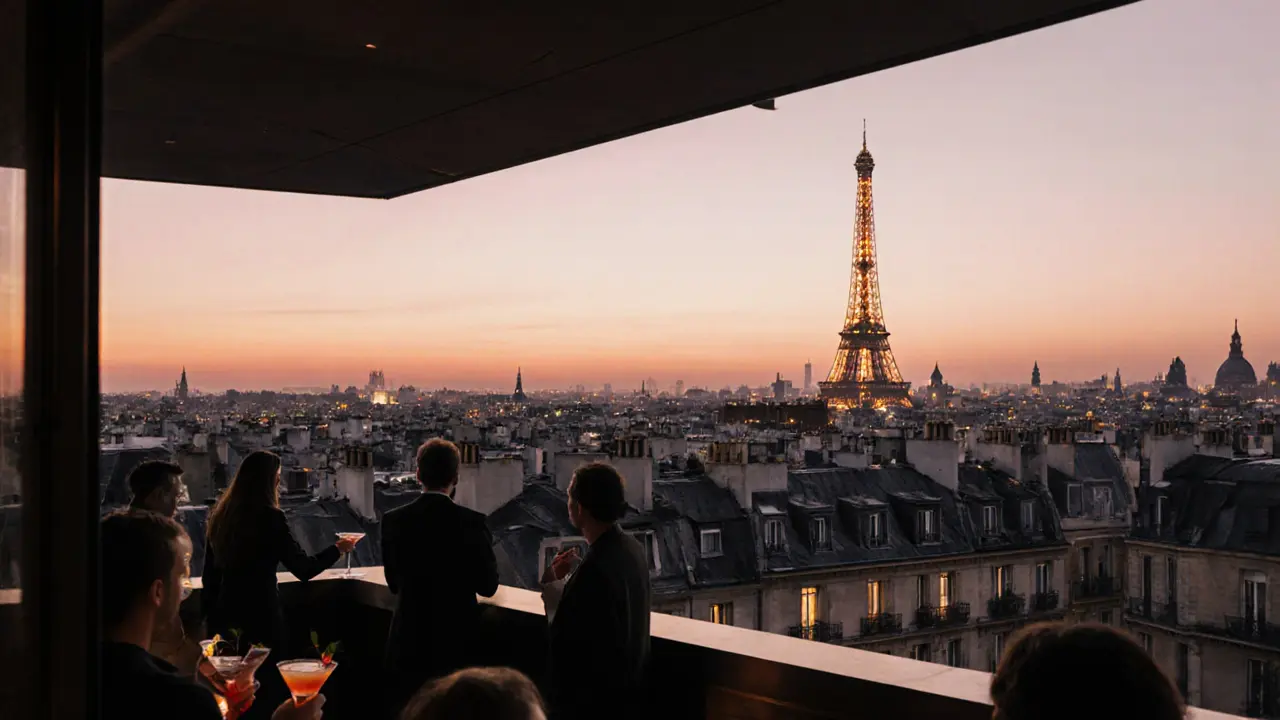 Rooftop terrace at Le Perchoir with Eiffel Tower visible at dusk, people enjoying cocktails against Paris skyline.