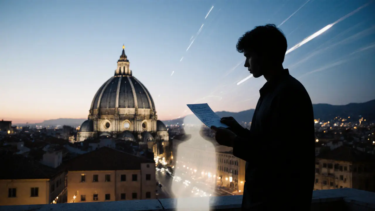 Silhouette on a Milan rooftop holding a note, fading companion figure in city lights.