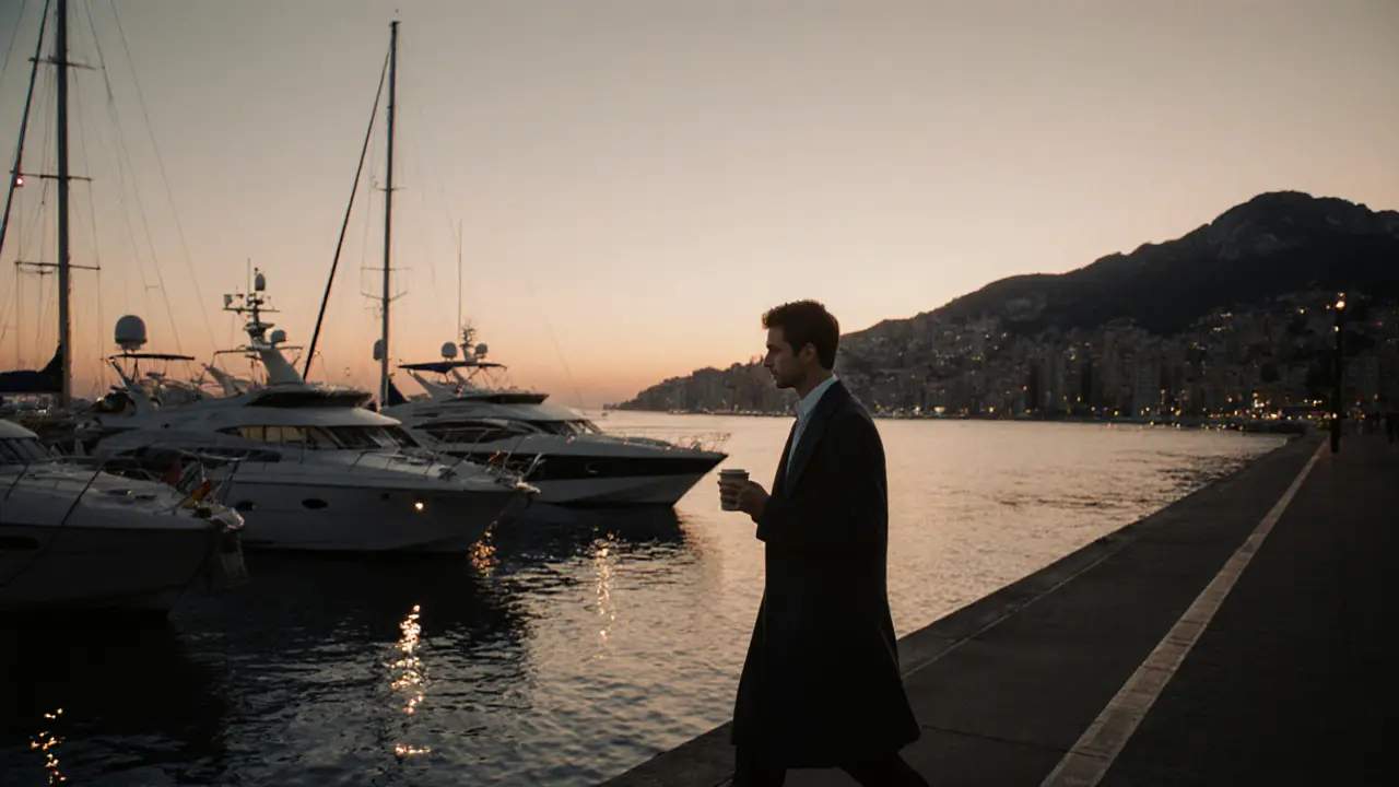 Solitary figure walking along Port Hercules pier at sunrise, yachts glowing in the quiet dawn.