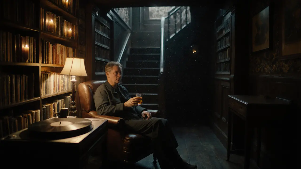 Solitary person in a candlelit basement bar surrounded by old books.