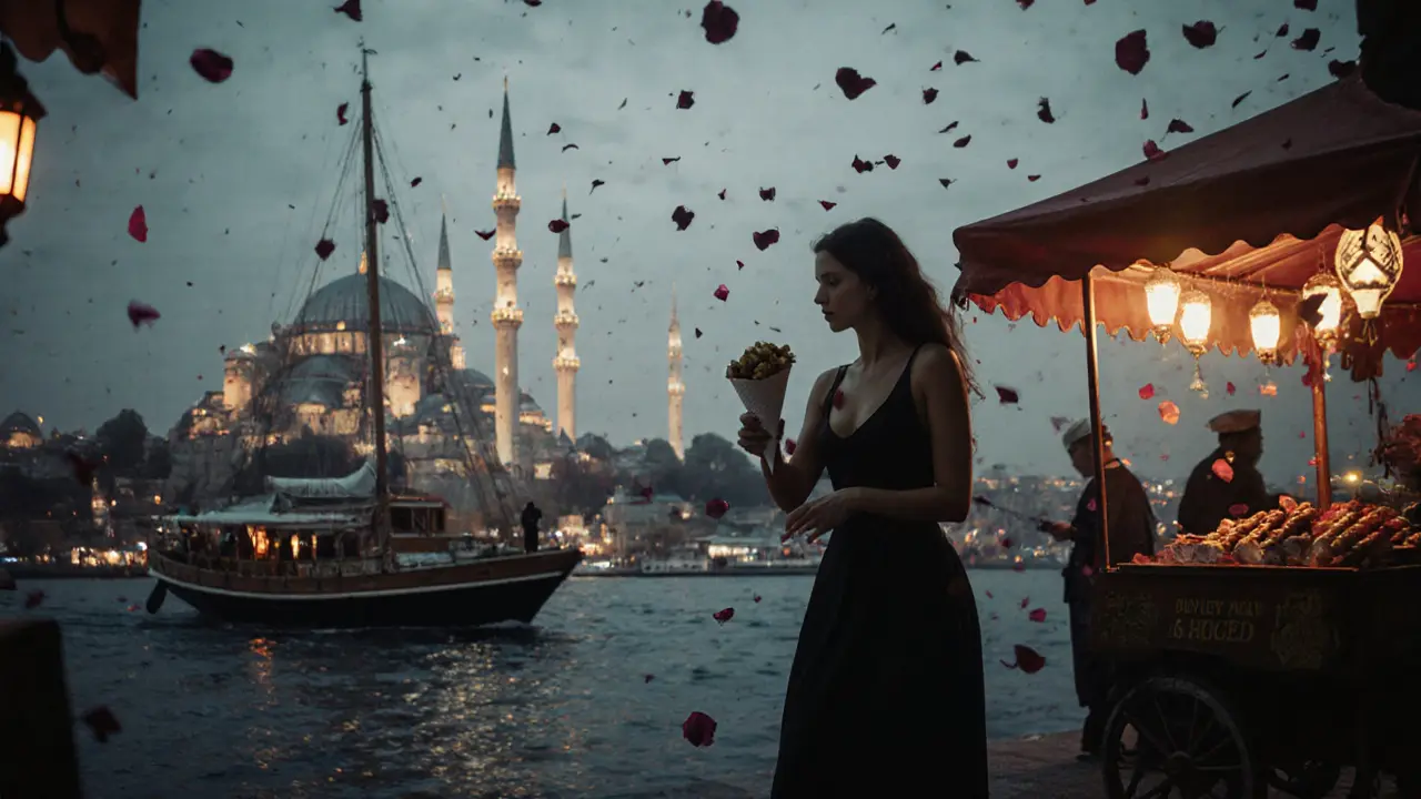 Street food vendor at midnight handing mussels to a dancer, with gulet yacht and spinning dervishes in background.