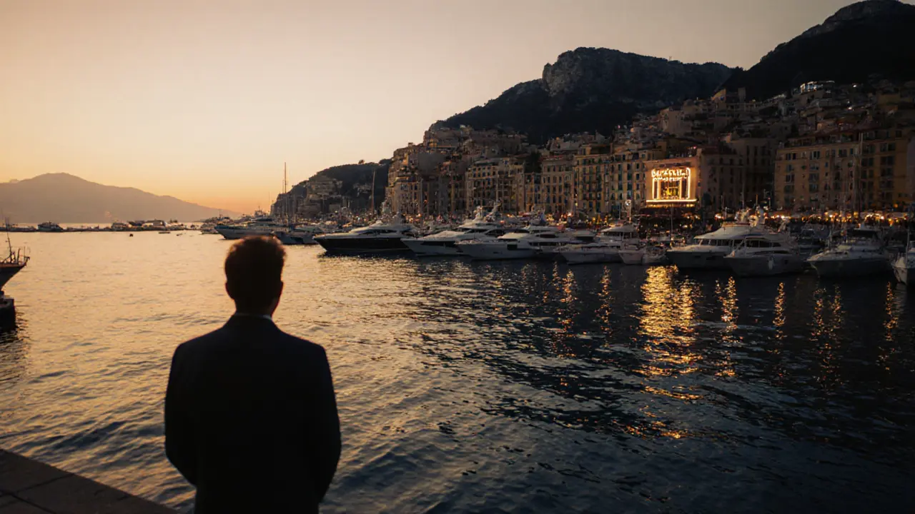 Sunrise over Monaco&#039;s harbor at dawn, golden reflections on calm water, lone figure watching silently from the pier.