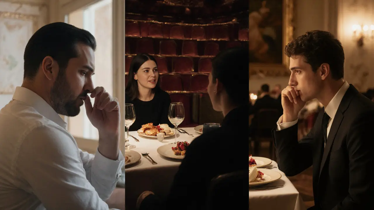 Three individuals experience quiet companionship in different elegant Milan settings—opera, dinner, villa.