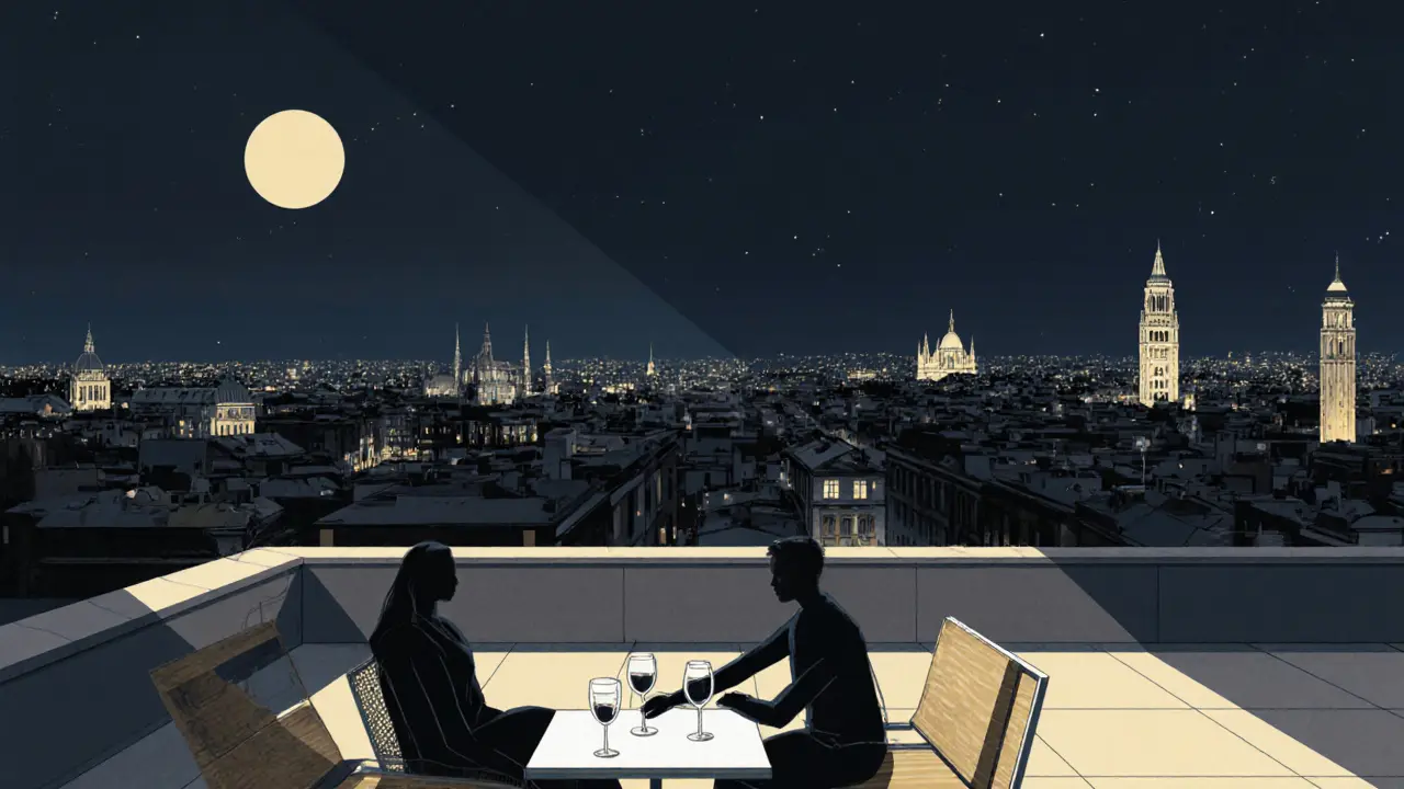 Two figures enjoy a quiet moment on a Milan rooftop at night, city lights glowing softly in the distance.