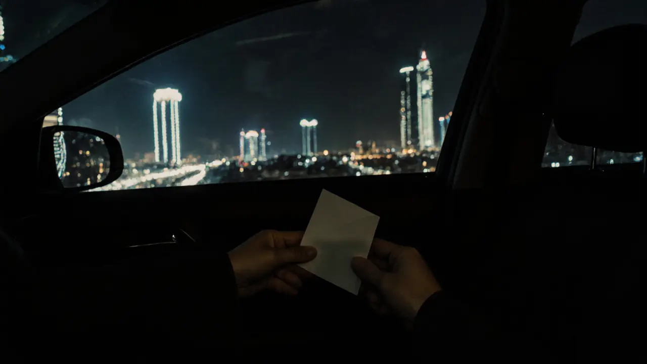 Two hands exchanging an envelope in a dark car, reflections of Abu Dhabi’s skyline visible on the window.