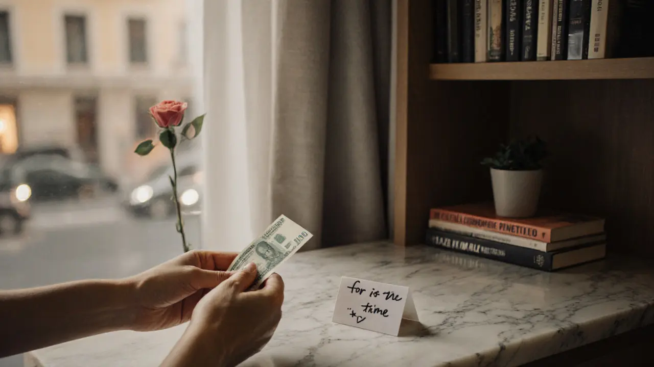 Two hands on a marble counter: one returning money with a thank-you card, a rose and books in the background.