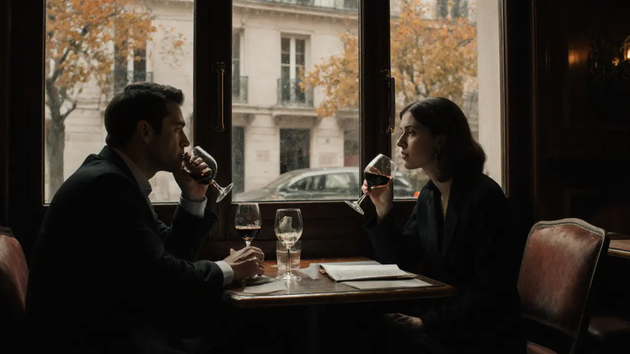 Two people converse respectfully over wine in a cozy Paris café, bathed in soft autumn light.