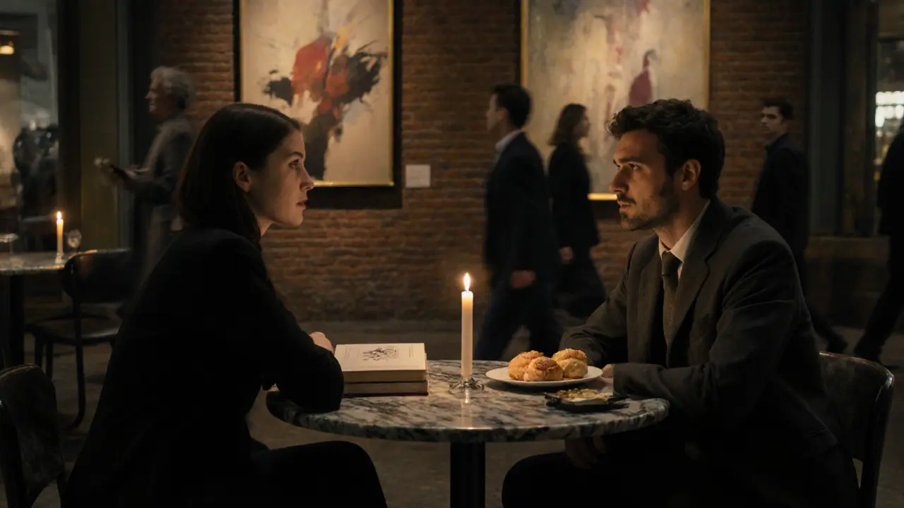 Two people engaged in quiet conversation in a museum café, no devices visible, atmosphere of deep, discreet connection.