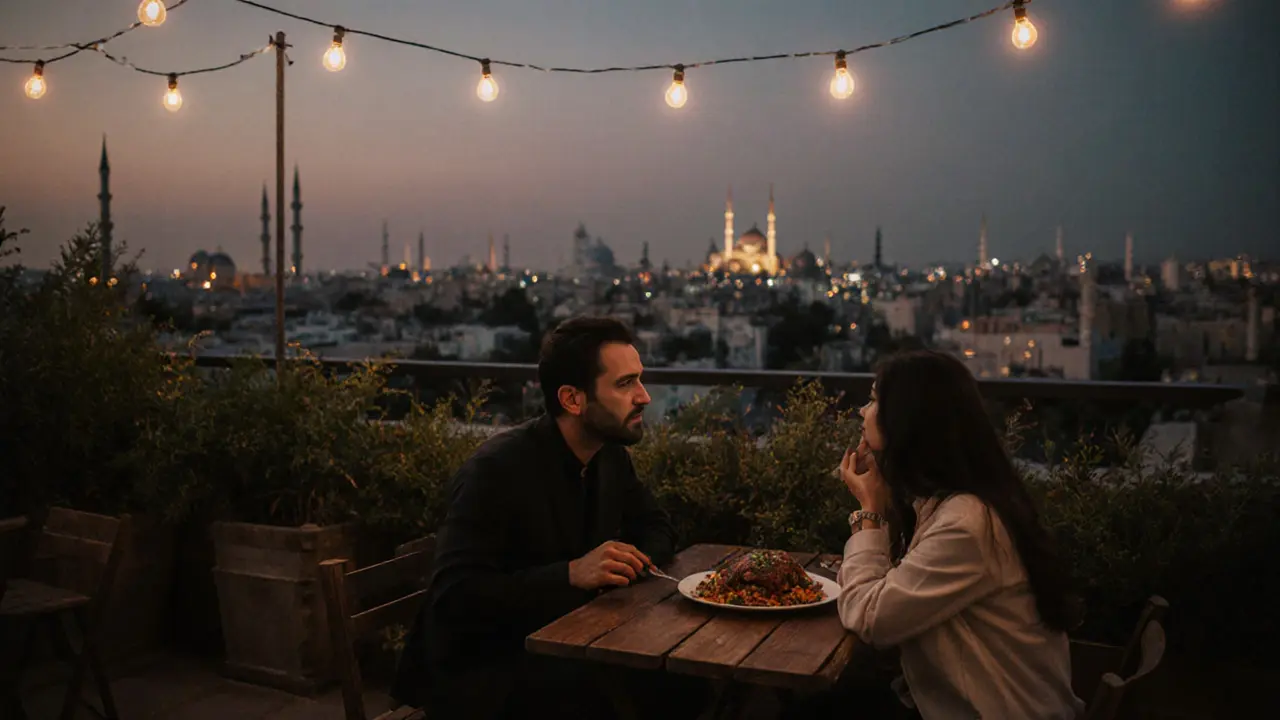 Two people enjoying Emirati food on a quiet rooftop café at twilight, city lights glowing softly behind them.