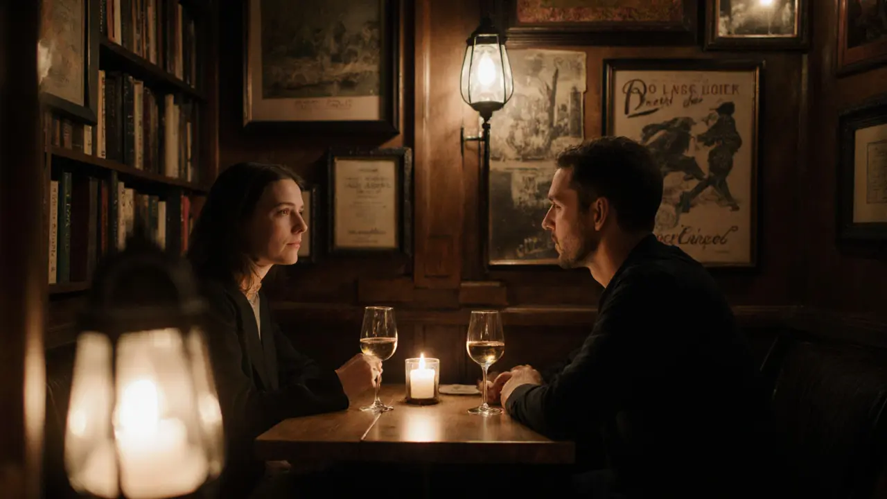 Two people share a quiet dinner in a cozy Parisian bistro, candlelight glowing between them.