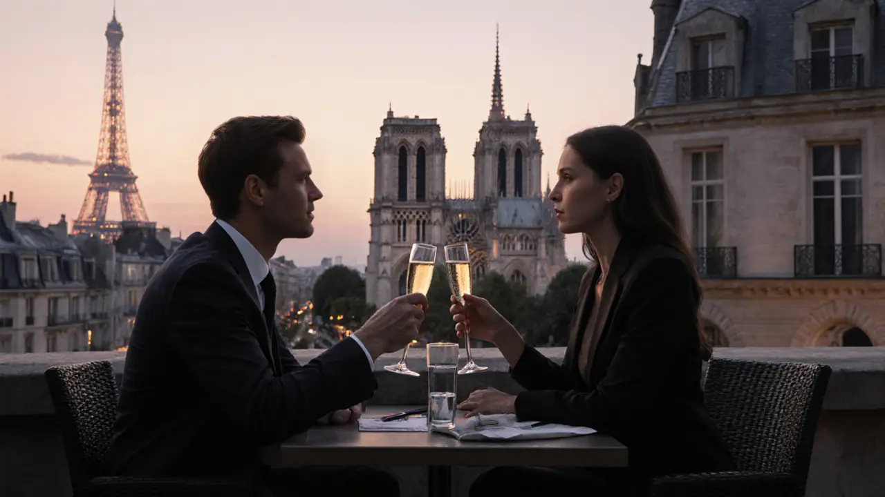 Two people share champagne on a rooftop terrace at dusk, overlooking Notre-Dame in serene companionship.