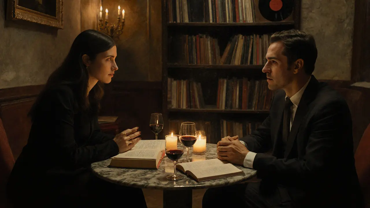 Two people sit in quiet conversation at a candlelit table in a historic Milanese palazzo, surrounded by books and wine.