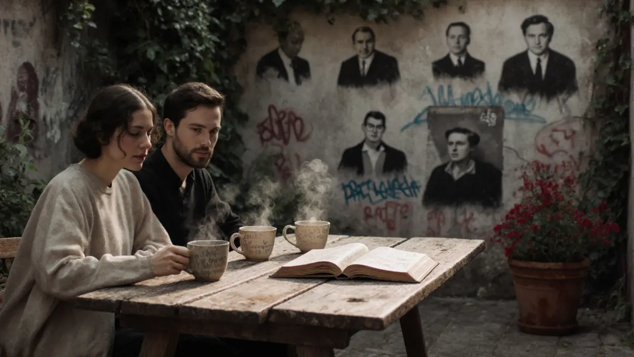 Two people sit quietly in a hidden Berlin courtyard, steam rising from cups, a book open beside them, ivy-covered walls in the background.