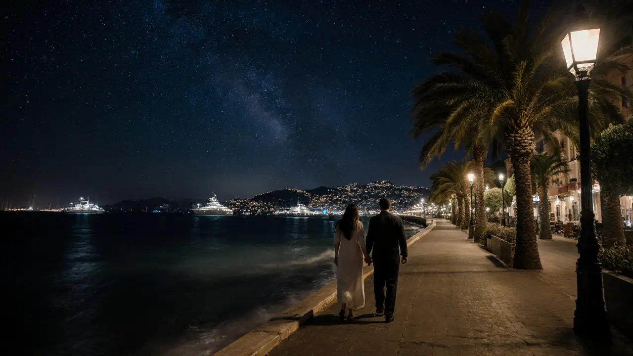 Two people walk hand-in-hand along a seaside promenade under a starry night sky.