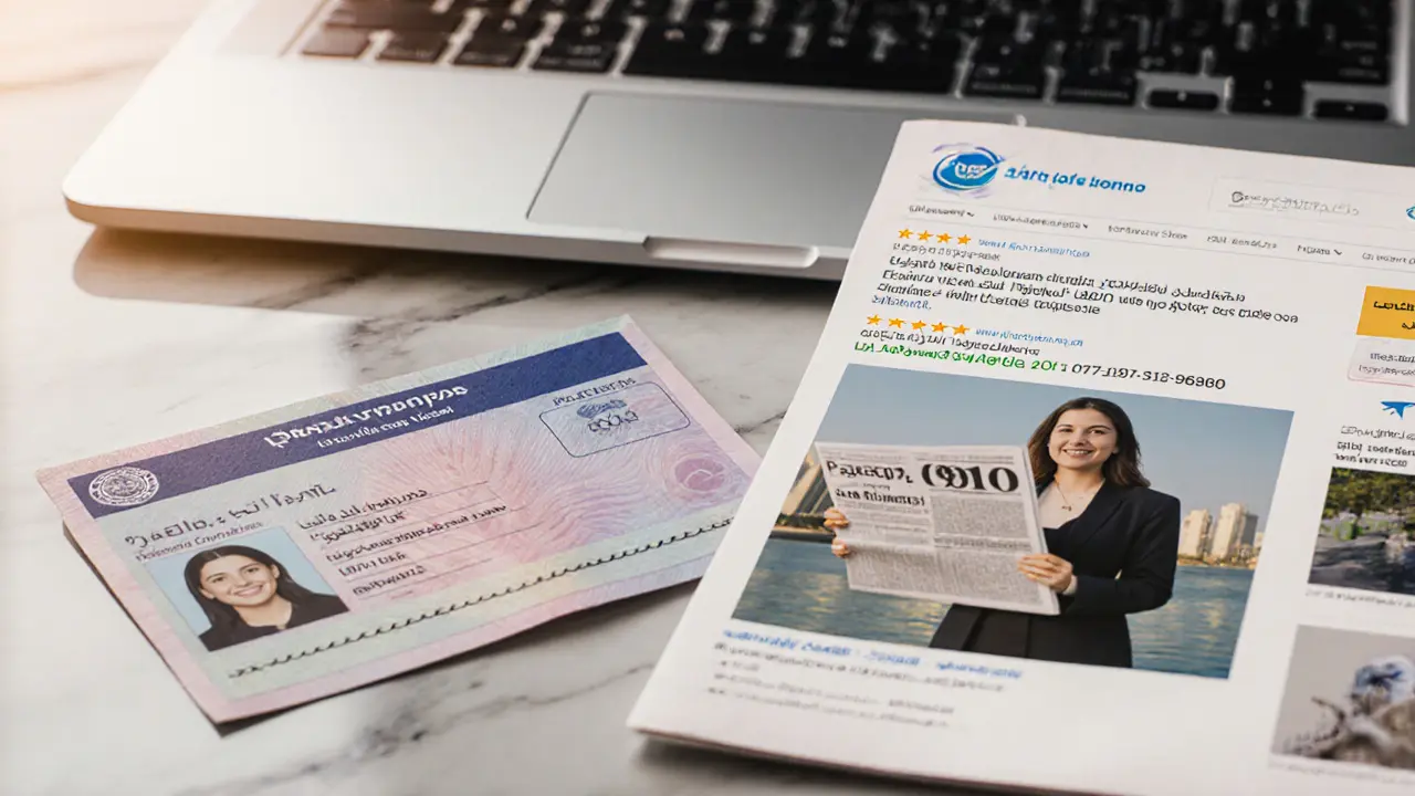 UAE visa and recent photo with dated newspaper on marble surface beside a professional agency website.