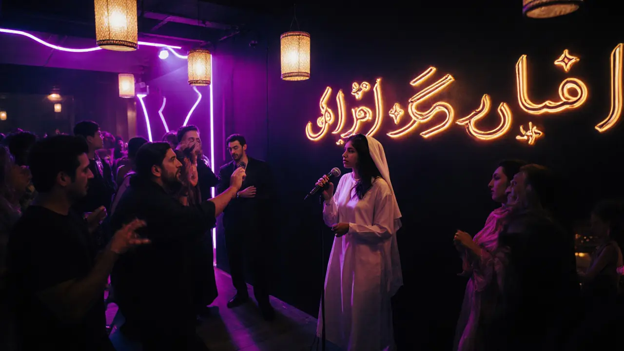 Underground club with glowing Arabic calligraphy, people dancing to fusion music under soft neon lights.