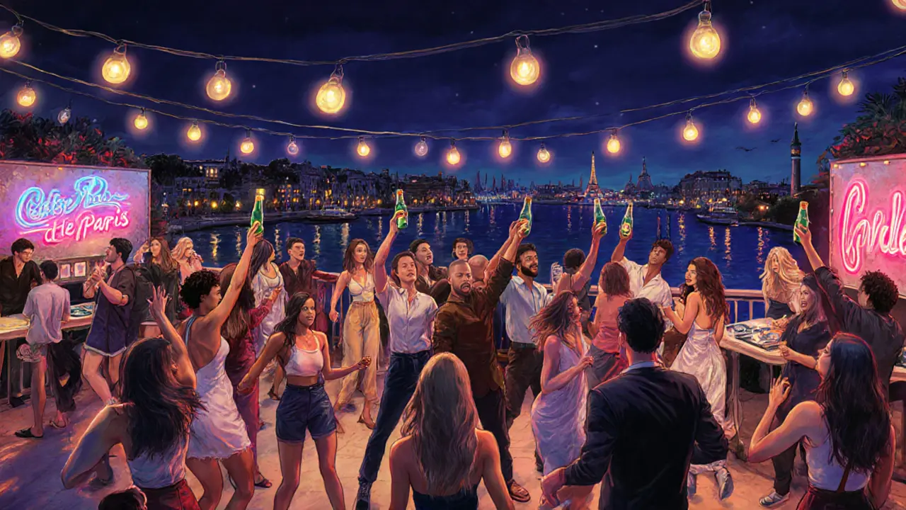 Vibrant crowd dancing at Café de Paris with harbor lights and neon DJ booths in the background.