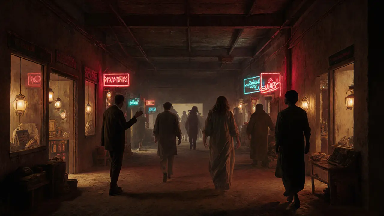 Visitors walking through a ghostly recreated 1970s Dubai market with projected voices and lantern light.