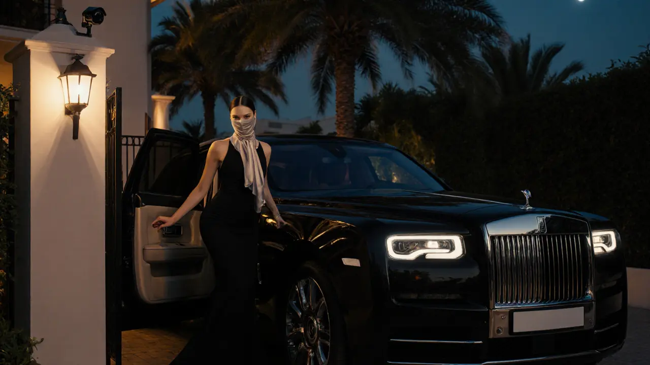 Woman exiting a luxury car at a private villa in Palm Jumeirah under moonlight.