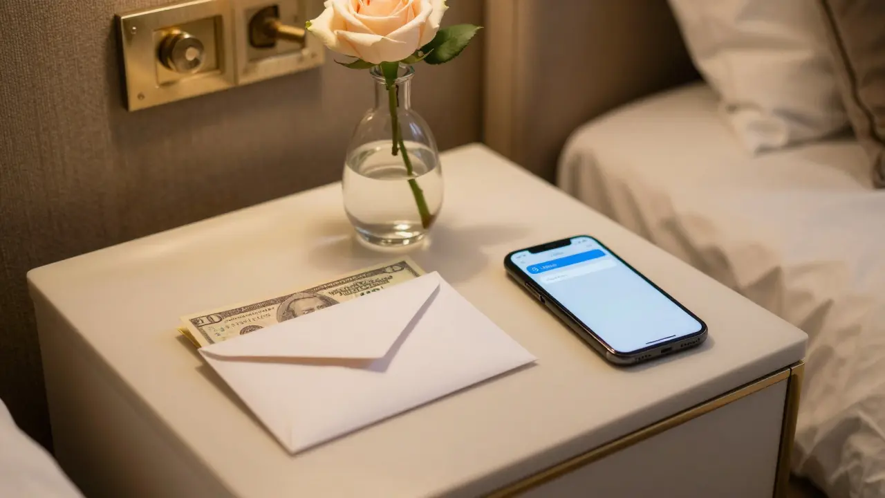 A bedside table with cash, a note, and a rose, symbolizing trust and appreciation.