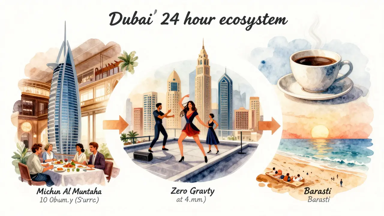 A circular artistic scene showing Dubai’s night-to-morning transition from fine dining to beach sunrise.