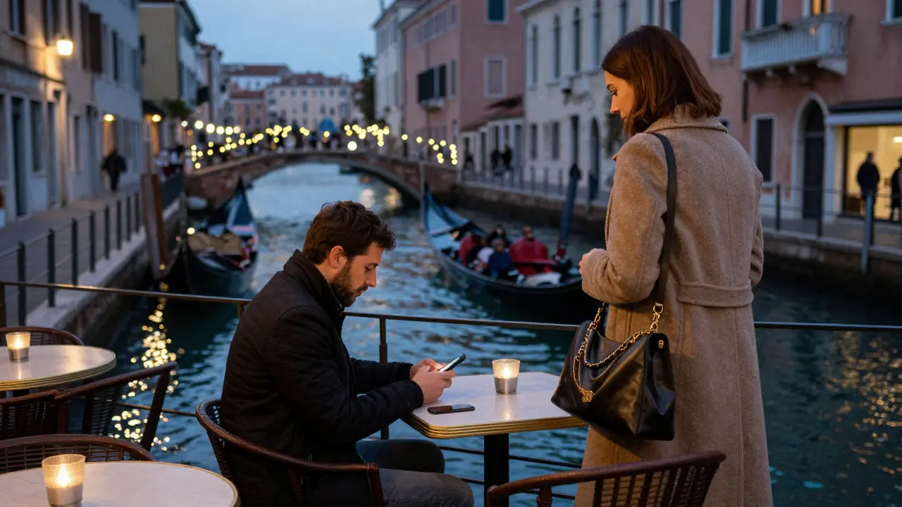 A client waits at a Navigli canal café as a companion approaches at dusk, under soft string lights.