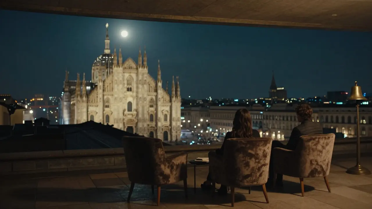 A couple sits in quiet contemplation on a hidden rooftop, the glowing Duomo visible behind them at night.