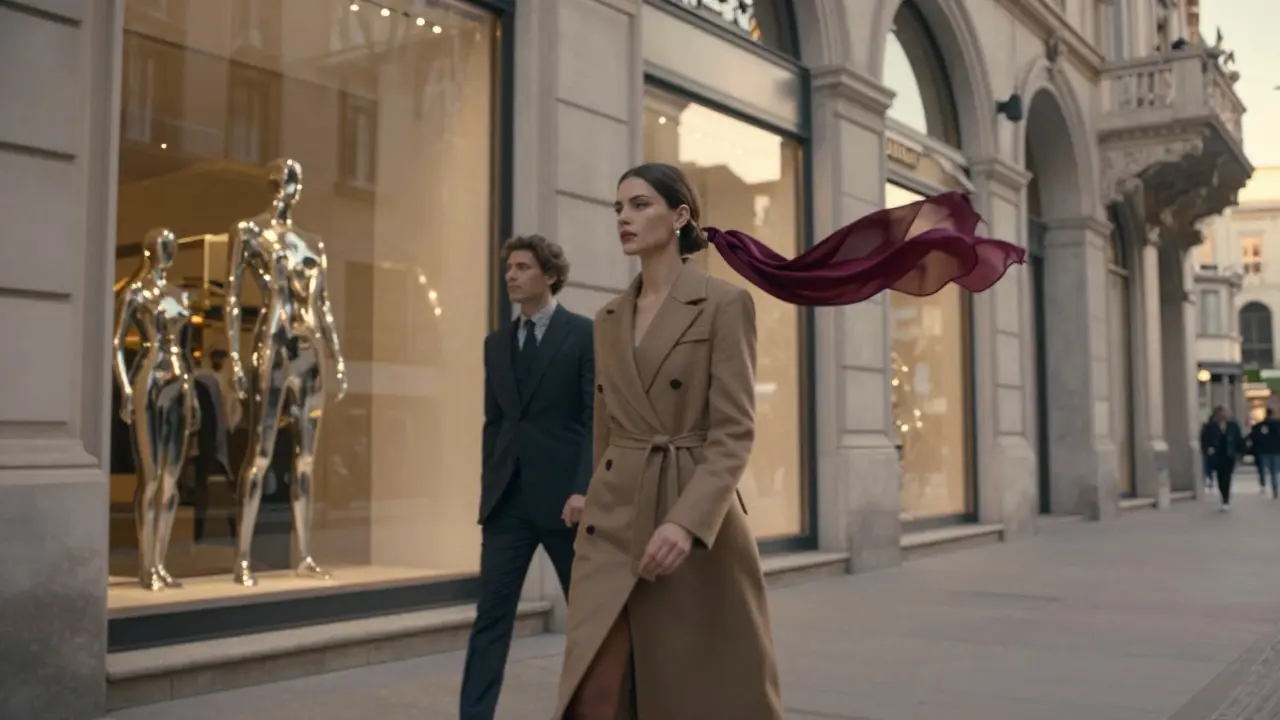A couple walks past luxury storefronts at golden hour, their figures blending into Milan&#039;s elegant urban landscape.