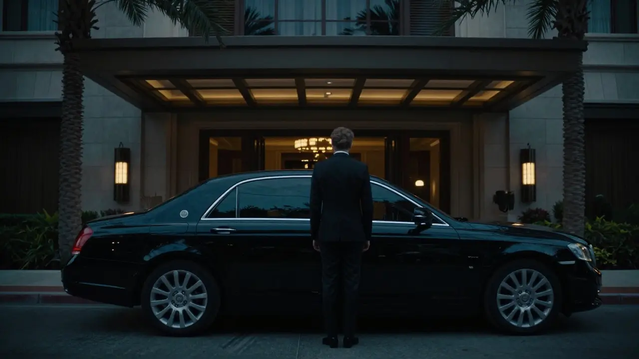 A discreet private car arriving at a luxury hotel entrance under palm trees.