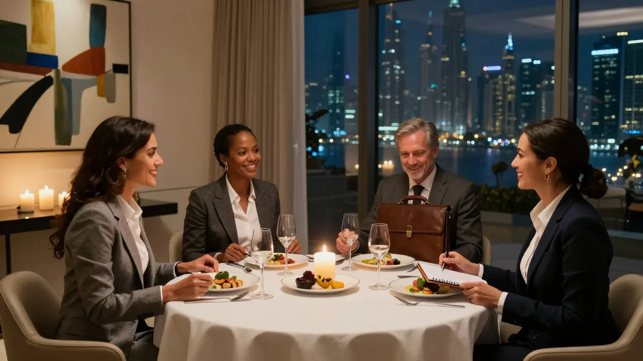 A diverse group enjoying an intimate dinner in a private Dubai villa.