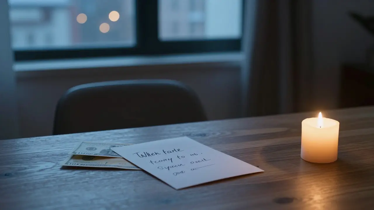 A handwritten note and envelope with cash rest on a table beside an empty chair and flickering candle.