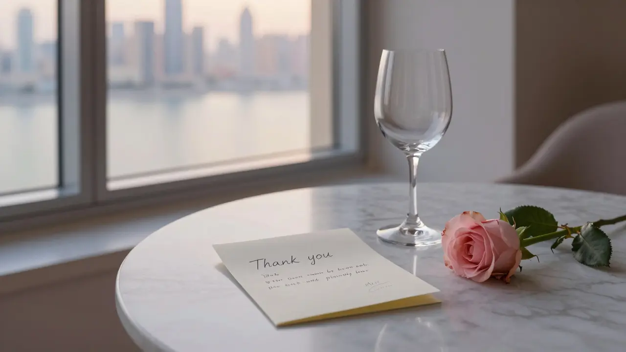 A handwritten note and rose left on a marble table overlooking Dubai Marina at dawn.